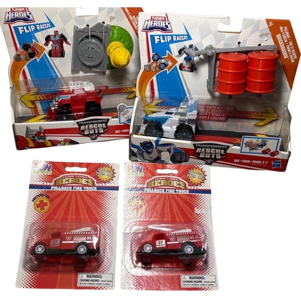 Rescue Bots Flip Racers Playskool Heroes Transformers  2 Sets + 2 Fire Trucks